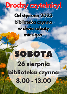 Biblioteka otwarta w sobotę 26 sierpnia 2023r.