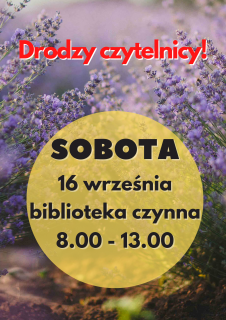  	  Biblioteka otwarta w sobotę 16 września 2023r.